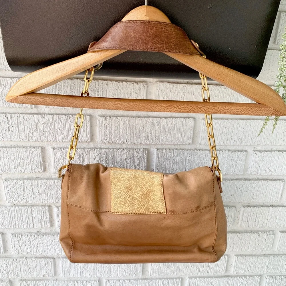 Tory Burch Tan Patterned Gold Chain Shoulder Bag
